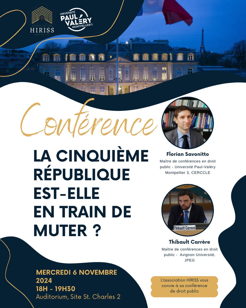 L’association HIRISS vous invite à sa conférence « La Vème République est-elle en train de muter ? » Par les maîtres de conférences 
 <a href="/Flosavonitto/">Florian savonitto</a> et @T_Carrere 

Plus d’infos ici : hirissasso.blogspot.com/2024/10/confer…