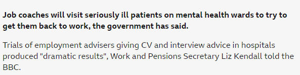 AliJaneMoore's tweet photo. Sorry but no. Someone who is ill enough to require inpatient admission in a mental health hospital is not at the right place to discuss getting a job. And I suspect a lot of doctors will not co-operate with this. https://t.co/7l5P15lXnr
