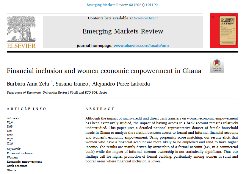 ECO_SOS_URV's tweet photo. Barbara Ama Zelu, Susana Iranzo and Alejandro Pérez-Laborda, members of #ECOSOS, have published the paper “Financial inclusion and women economic" at the journal “Emerging Markets Review” @BarbsZ40 @lexPrezLaborda1 @cienciaURV @DeptEconomiaURV
📚https://t.co/sIEZur5M3L https://t.co/fXIYsqgM4g
