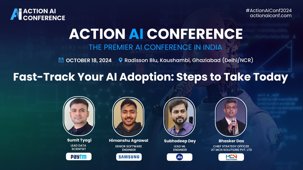 Get ahead in AI adoption! Join the leading minds from <a href="/Paytm/">Paytm</a>, <a href="/Samsung/">Samsung Electronics</a>, <a href="/reliancejio/">Reliance Jio</a>, and <a href="/MCNSolutions/">MCN Solutions</a> at #ActionAIConf 2024 for a panel on practical steps to implement AI today! 

🎟️Use 𝐋𝐀𝐒𝐓𝟓𝟎 for ₹1000 off! Book now! actionaiconf.com 

#AI #AIConference