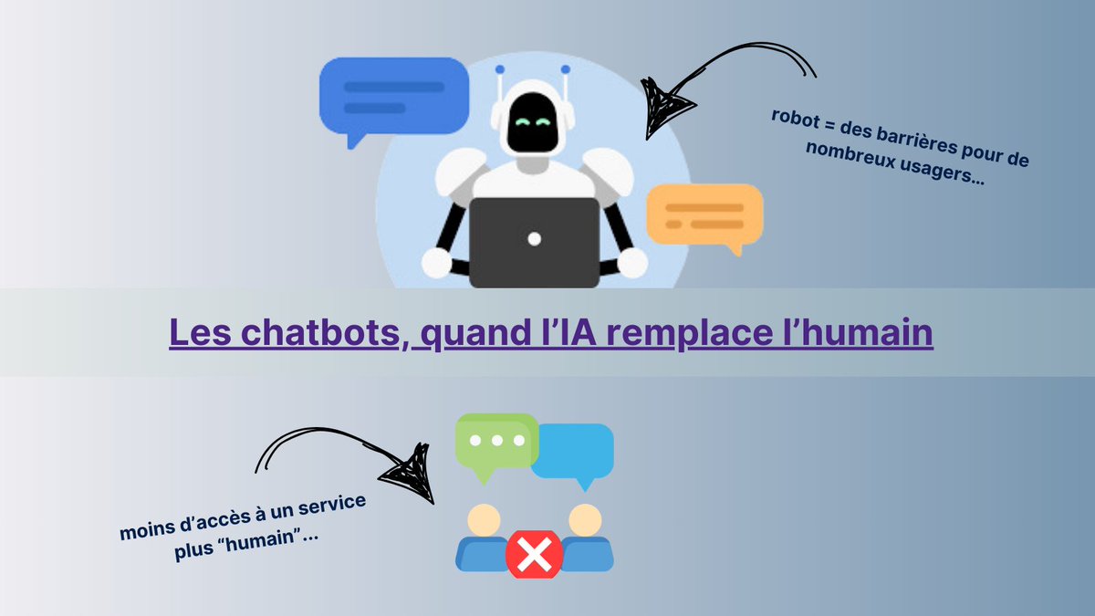 Les chatbots : quand l'#IA remplace l'humain

Il y a eu une #dématérialisation des services publics via des chatbots, pourtant loin d'être au point pour répondre aux besoins réels des utilisateurs...

<a href="/lemondefr/">Le Monde</a> lemonde.fr/economie/artic…

#inclusionnumérique