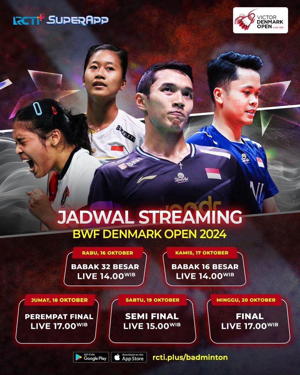 #BWFWorldTour berlanjut ke #DenmarkOpen2024 minggu ini! Saksikan perjuangan atlet terbaik Indonesia untuk raih gelar juara 🏆

Streaming pertandingannya di RCTI+ SuperApp &amp; VISION+
16-20 Oktober
Cek link rcti.plus/badminton

#BadmintonIndonesia #RCTIPlusSports