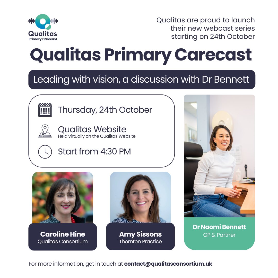 UKQualitas's tweet photo. 🎉 Exciting news! We're launching the Qualitas Primary Carecast next week with Dr. Naomi Bennett from Robin Hood Lane.

📅 Thursday, 24th Oct
🕓 4:30 PM

Hosted on the Qualitas website. Stay tuned for the link! 🎧✨

#Qualitas #Webcast #Live https://t.co/jqOSgKHhtS
