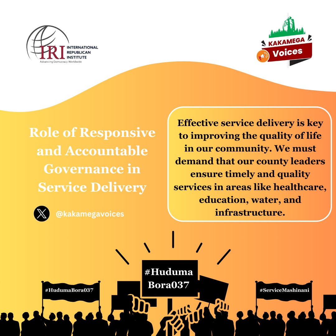 Responsive governance involves actively engaging citizens in decision-making processes, ensuring that services meet the actual needs of the community. This fosters trust and increases the relevance of services provided.
#HudumaBora037
#ServiceMashinani
<a href="/IRIglobal/">International Republican Institute</a>
<a href="/Kakamega_037/">County Government of Kakamega</a>