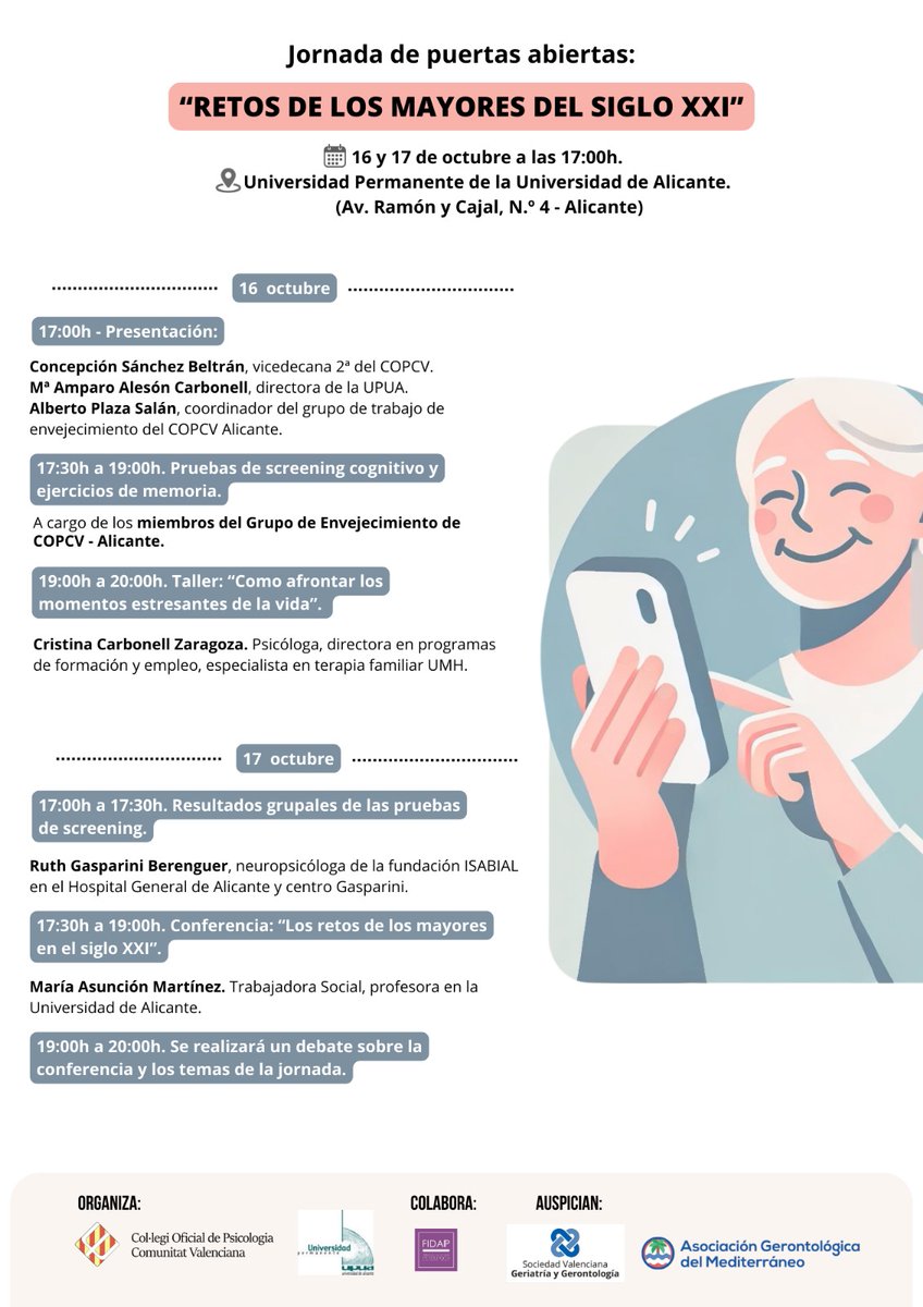 ⚡ JORNADA DE PUERTAS ABIERTAS COPCV-UPUA: “RETOS DE LOS MAYORES DEL SIGLO XXI”
📅 16 y 17 de octubre 2024 - 17:00 h a 20:00 h
📍 Sede Ciudad de Alicante - Aula Institucional
Más información e inscripción gratuita 👉 cop-cv.org/formacion/4640…