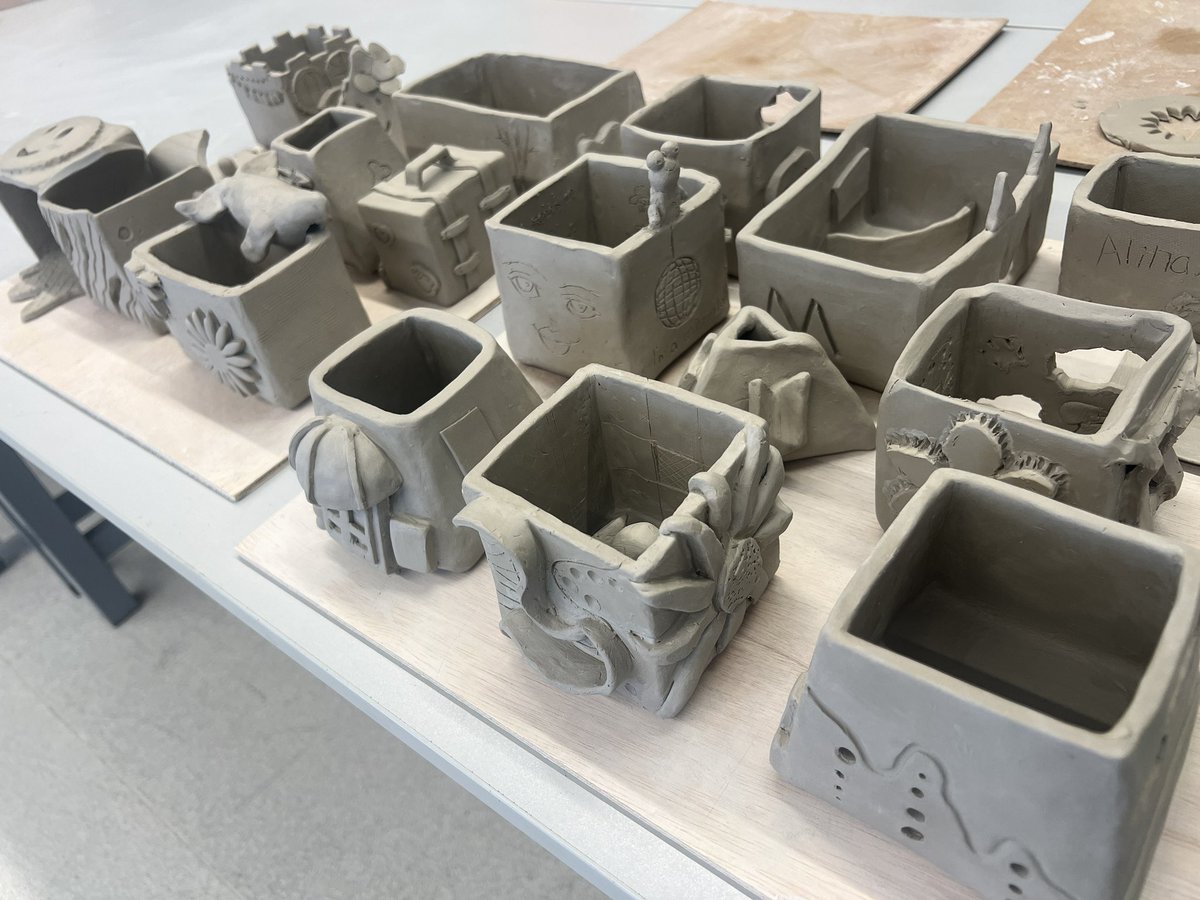 Kendal_tweets's tweet image. I love when my student artists get to make #art with #clay! ❤️ Here are some of the #ibmyp clay identity box sculptures Gr9 finished today #SAISrocks