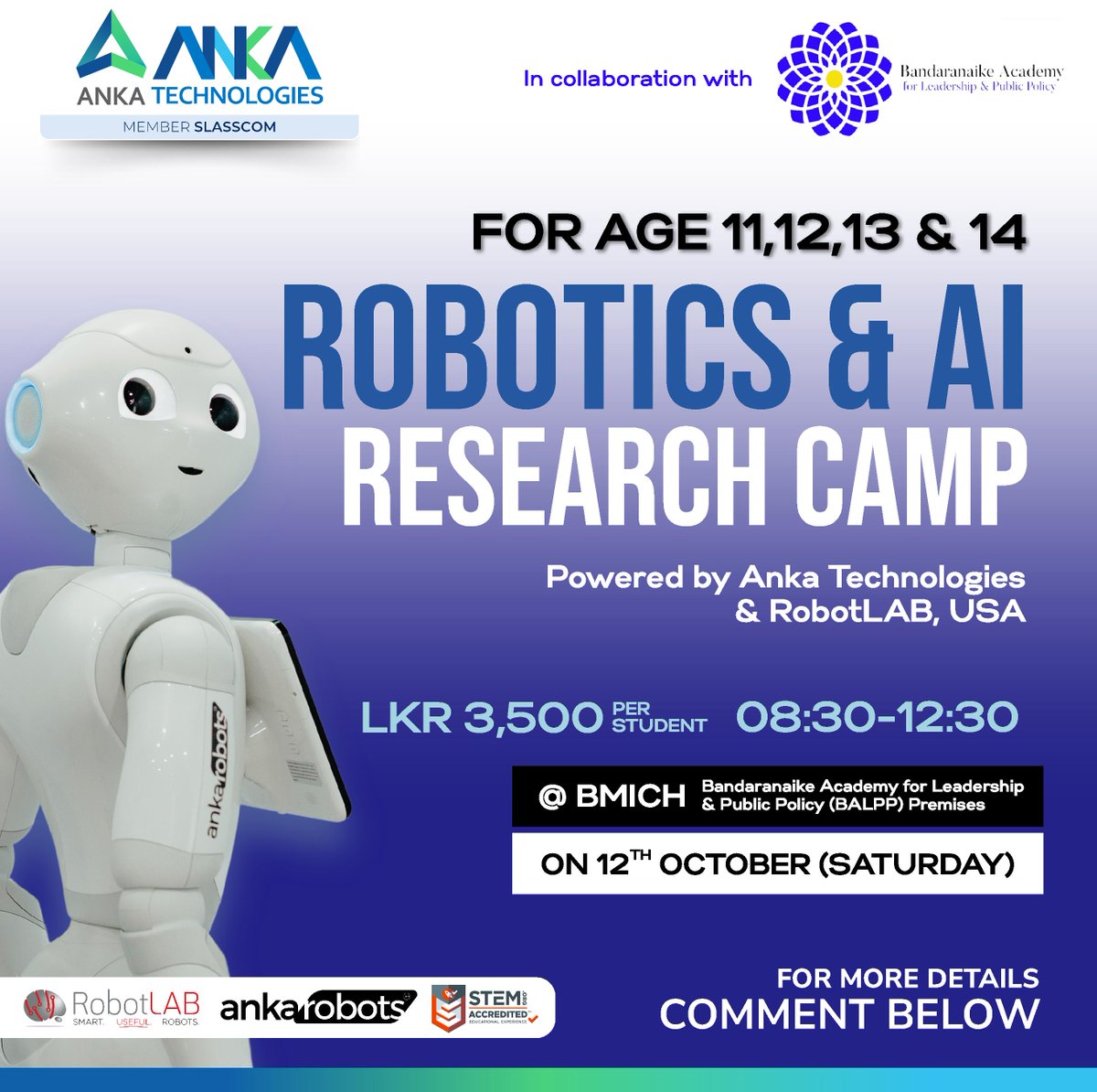 Designed for ages 11 to 14, this immersive camp will introduce young minds to cutting-edge technology and hands-on learning.  Join us on October 12th at BMICH from 8:30 AM to 12:30 PM for an unforgettable tech experience. #AI #Srilanka