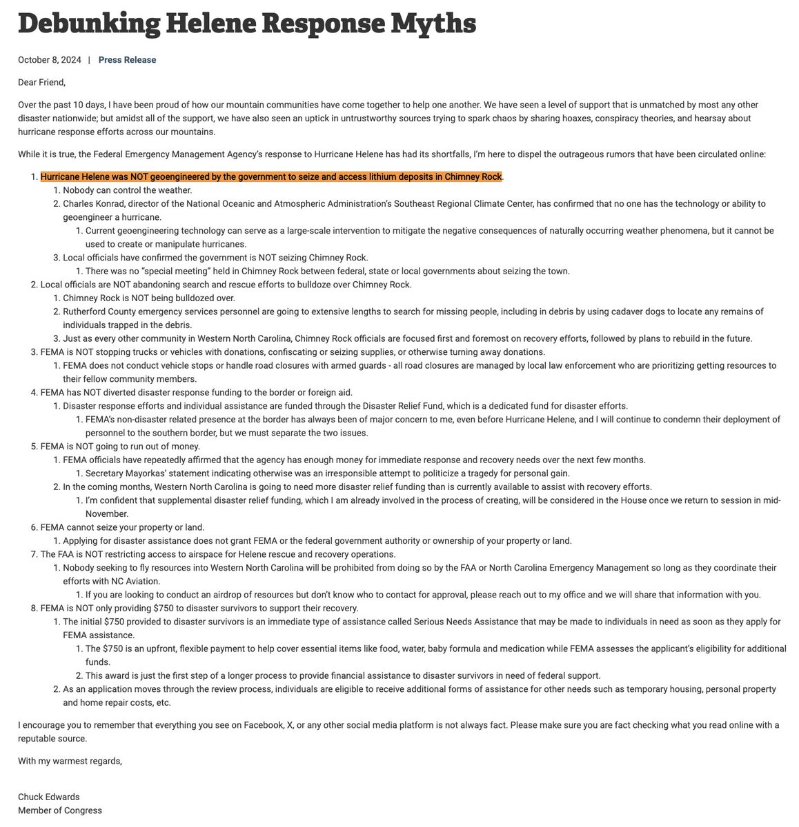This press release is quite something. 

Republican Rep. Chuck Edwards, who represents western North Carolina, outlines the many "outrageous rumors" that have spread through conservative circles in the aftermath of Hurricane Helene.