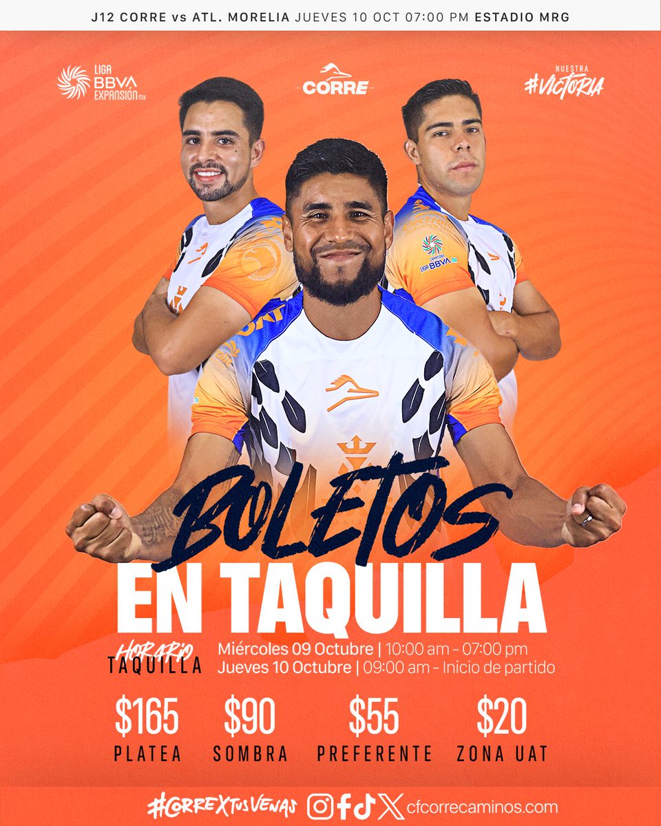 CFCorrecaminos's tweet photo. ¡ADQUIÉRELOS YA!🫵🏻

A partir de las 10:00 AM abrimos nuestras Taquillas del Estadio y te esperamos con mucho gusto para que adquieras tus entradas 🎟️ 

Evita largas filas y disfruta de este encuentro con toda la familia🫂

#NuestraVictoria
#CorreXTusVenas🧡💙🤍 https://t.co/lUax3F6JZT