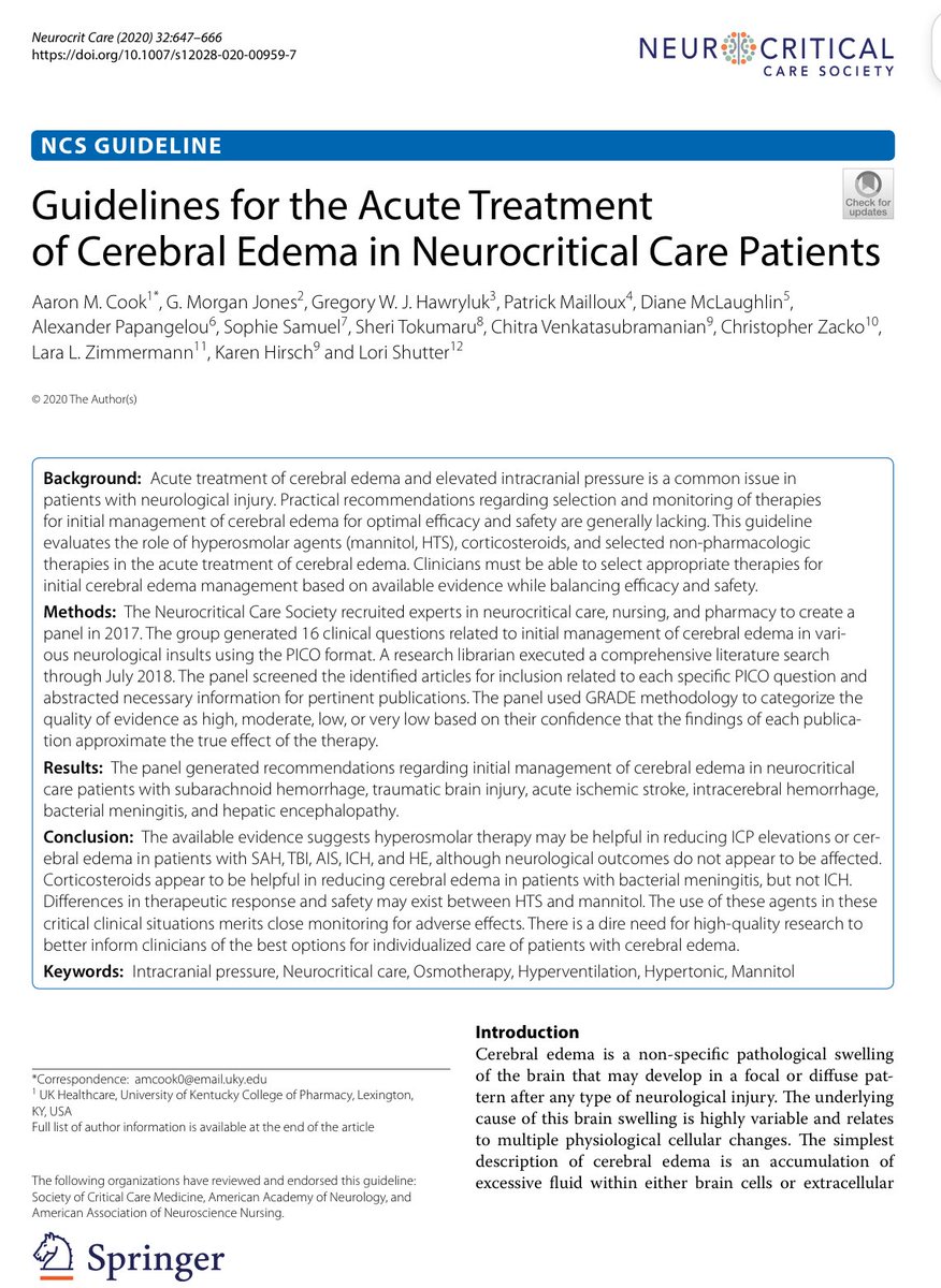 mark_el's tweet photo. La guía aborda el tratamiento del edema cerebral con agentes hiperosmolares (HTS, manitol), corticosteroides y terapias no farmacológicas. Sugiere HTS para TCE e ICH, y destaca la importancia del manejo personalizado. https://t.co/Edy1WwDdJB https://t.co/Az6mBvZUk4