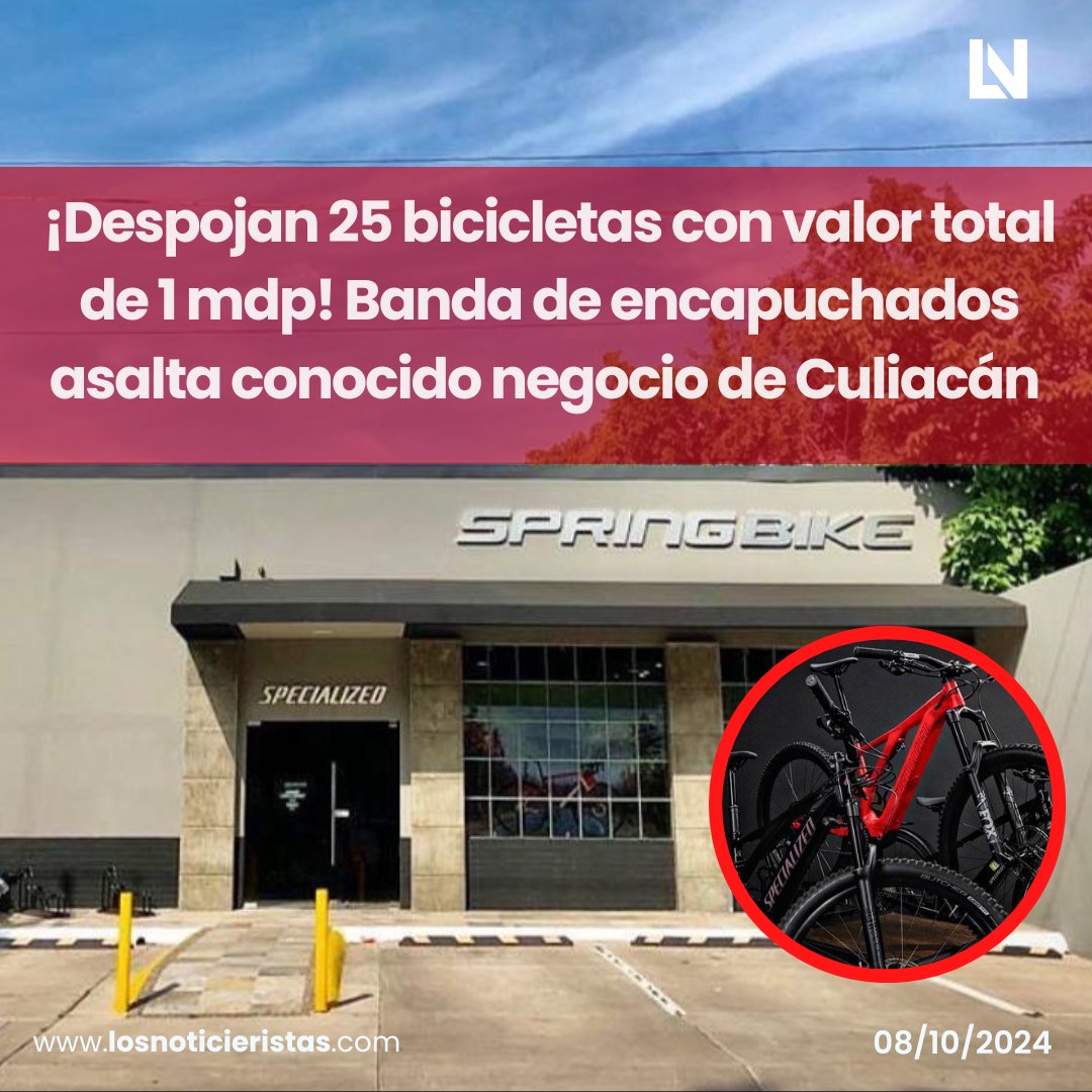 noticieristas's tweet photo. 🚨 ¡Despojan 25 bicicletas 🚲 con valor total de 1 mdp! Banda de encapuchados asalta conocido negocio de #Culiacán ubicado frente al Jardín Botánico, en la colonia Chapultepec. 📲Sigue la info: https://t.co/54B0Havj5S https://t.co/pfOK4zq3XD