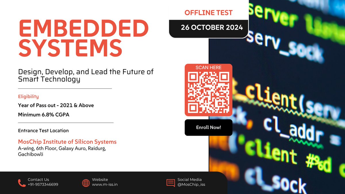 Unlock your #potential in the world of technology with our #EmbeddedSystems course, designed to equip you with the #skills to develop and #innovate in the rapidly growing field of embedded #technology.
Offline #Entrance Test on 26th October 2024