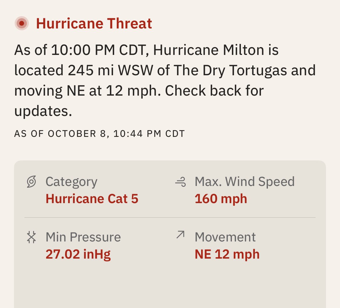 TexasStormTalk's tweet photo. Good news:
If the predictions are right, #Milton will be downgraded to a Cat 1 Hurricane by the time it makes landfalll.
Bad news: 
Cat 1 hurricane has 74-95mph winds and can cause a storm surge of 4-5ft of water. 
#hurricanemilton https://t.co/y7eRSuecxM