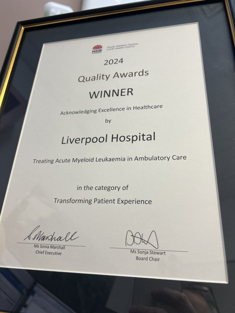 So honoured to accept South Western Sydney LHD 2024 Quality Award on behalf of the team for Transforming Patient Experience.

We are proud of helping improve the quality of lives of patients with AML.