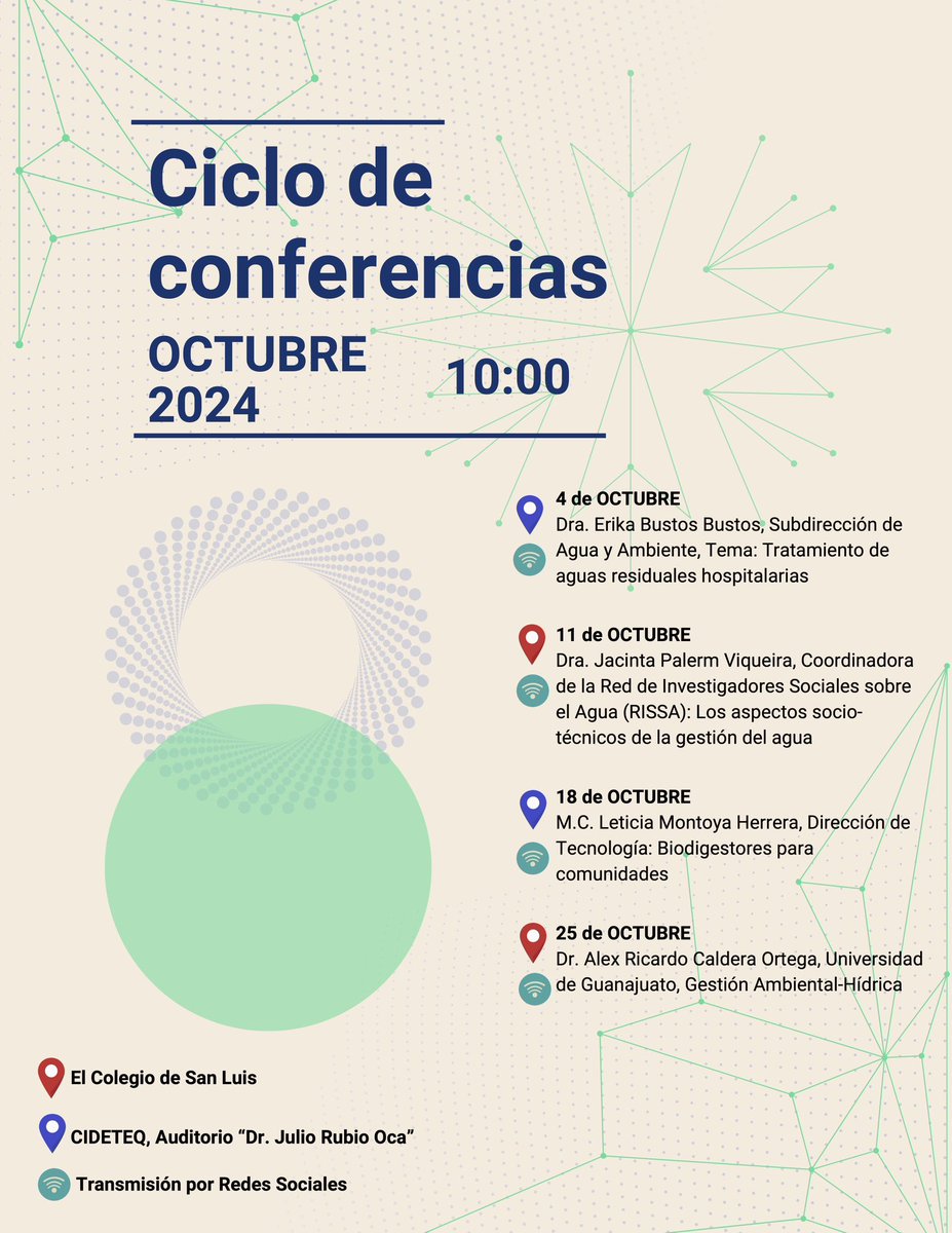 CIDETEQ's tweet photo. ¡No se pierdan la siguiente charla del“1er Seminario Interinstitucional #COLSAN-#CIDETEQ 2024”! 🌎💧

👩🏻‍⚕️ Dra. Jacinta Palerm
🔬 Los aspectos socio-técnicos de la #GestiónDelAgua

📅 11 de octubre
🔗 #FBLive 

¡Es el momento de generar soluciones para un futuro más sostenible! 🌱 https://t.co/KCOZIj6NP0