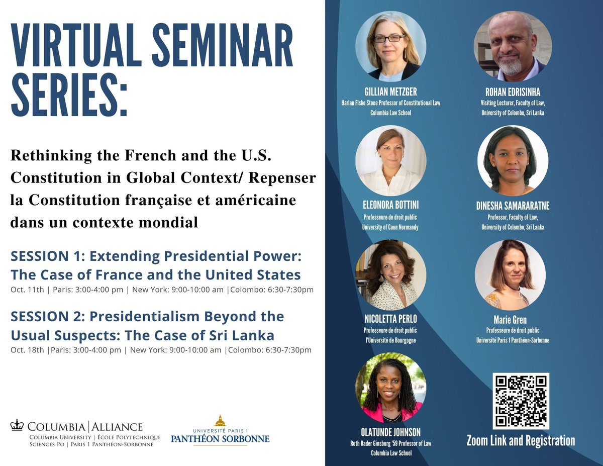 With <a href="/OlatiJ/">Olati Johnson</a> (Columbia U), <a href="/DineshaSam/">Dinesha Samararatne</a> (Colombo U) and Marie Gren (Sorbonne U), we obtained a grant from the <a href="/AllianceProg/">Alliance Program</a>: alliance.columbia.edu/trilateral-ini…
To kick off our project, a virtual seminar series! First topic, presidential power: what can France and the US learn from Sri Lanka?