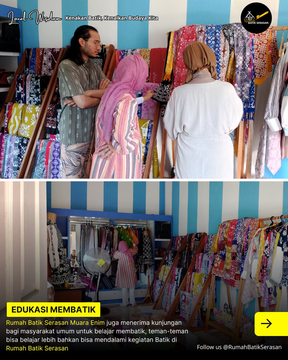 Edukasi Membatik juga dilakukan di Rumah Batik Serasan
Disana teman-teman bisa belajar bagaimana proses-proses batik dibuat sekaligus menambah pengalam temen-temen tentang batik daerah
@n_felimban
Local Wisdom
"Kenakan Batik, Kenalkan Budaya Kita"
#rumahbatikserasan
#batikserasan