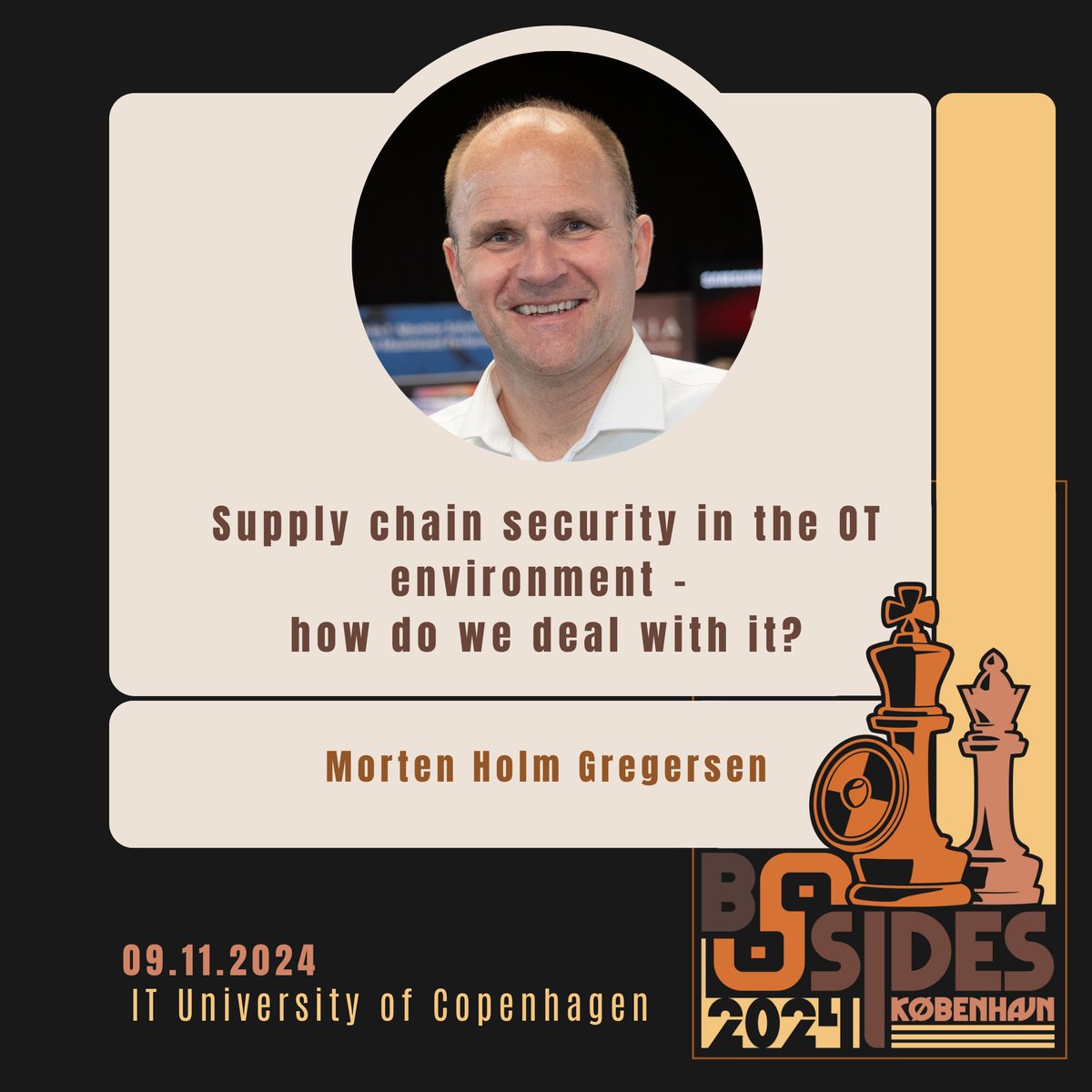 On 9. November 2024, Morten Holm Gregersen will discuss managing #supplychain security in #OT environments amidst evolving security requirements like NIS2 and NIST. Learn strategies for modern challenges. #bsides #bsideskbh