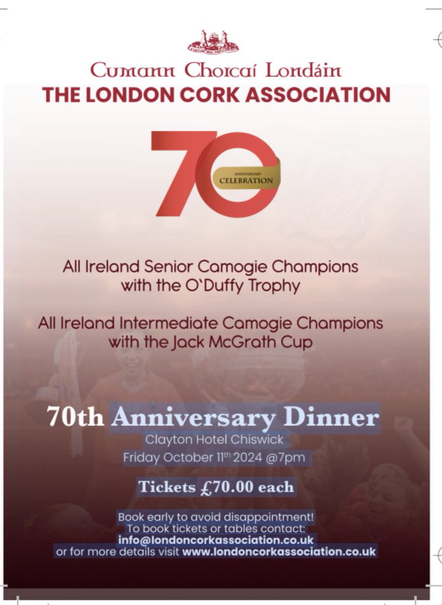 <a href="/oleary_larry/">Larry O Leary</a> 

We are very nearly there Cork Association 70th anniversary  Clayton Chiswick Hotel on Friday evening , it is almost sold out not got yours contact Larry 07944178879 info@londoncorkassociation.co.uk
very few places left  ticket cut off point is 1pm today .