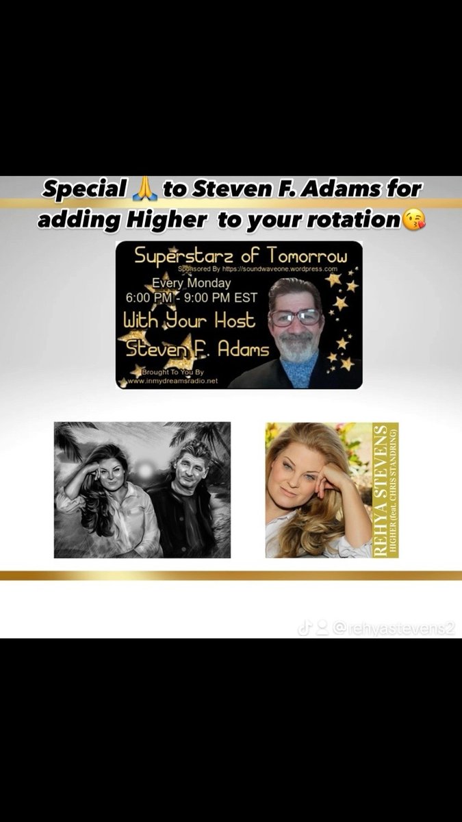 I want to send out an extra special thank you to #stevenfadams for playing my music through the years, and for adding “Higher” to the rotation 😘 Thank you Steve!! I appreciate your love &amp; support 💗 Xoxo, Rehya