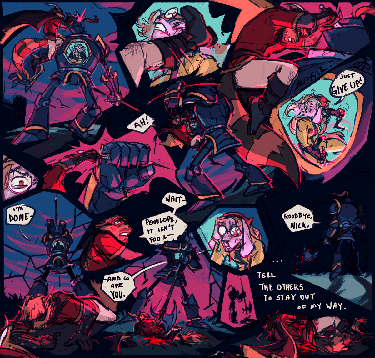 //cw: blood

comic sketchpage comm for @therealncp of his oc nick johnson's ill-fated showdown with penelope &amp; her fearsome black knight mech