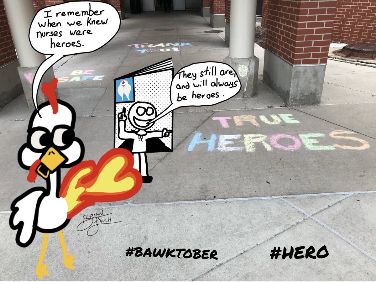 HotWingJustice's tweet photo. Bawktober Hero. #haroldandhishotwingofjustice #hotwingofjustice #thedailyharold #art #comics #bawktober #hero Back in 2020, I was privileged and proud when my daughter asked if we could do this chalk art. #nursesareheroes #originalcharacter #YourNewFavoriteArtist #BrianLynch https://t.co/CJsntYkW5G