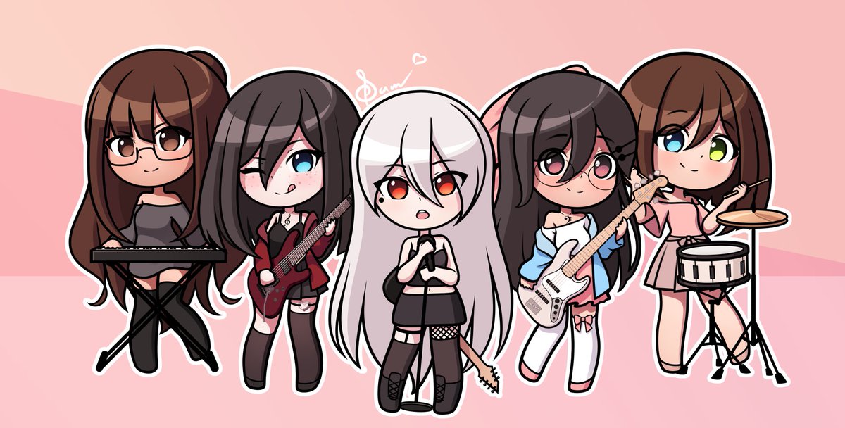 SamLizzy71's tweet photo. I always wanted my girls to be in a band (That's the reason they exist, basically xD) and I hope to draw them playing their instruments in my regular style someday. For now, here are the chibi versions xD (1/2) https://t.co/TBLlaeSDJt