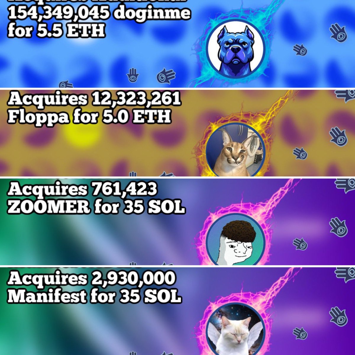 Doginme + 14.5 ETH
Floppa + 32.7 ETH (donation)
Zoomer + 59.7 SOL
Manifest + 330 SOL