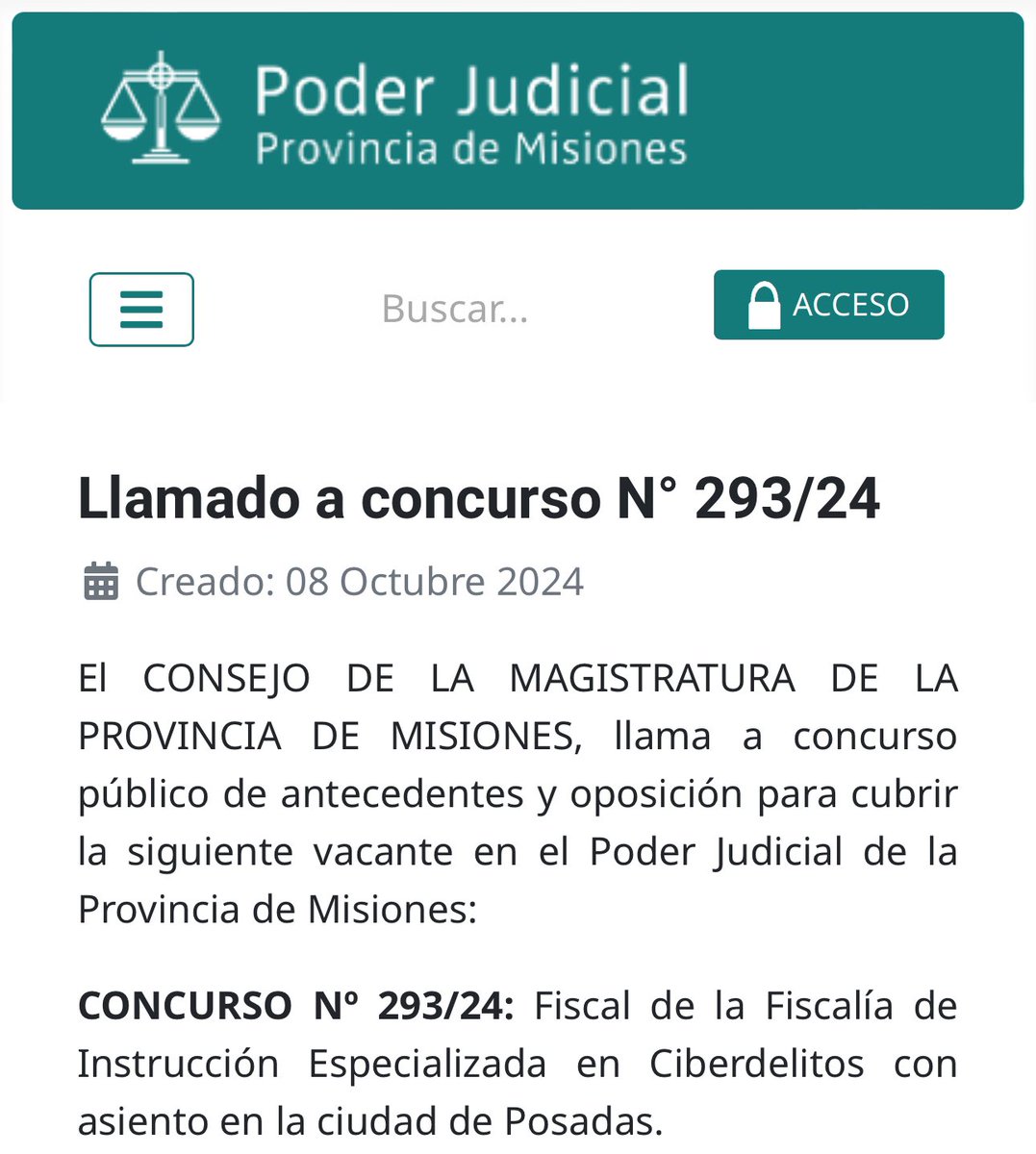 🚨El Consejo de la Magistratura de Misiones abre la inscripción al Concurso N° 293/24 para cubrir el cargo de Fiscal Especializado en Ciberdelitos.
Postulaciones abiertas hasta el 1 de noviembre de 2024 a las 12:00 pm. Info en : bit.ly/3BMJVcr
