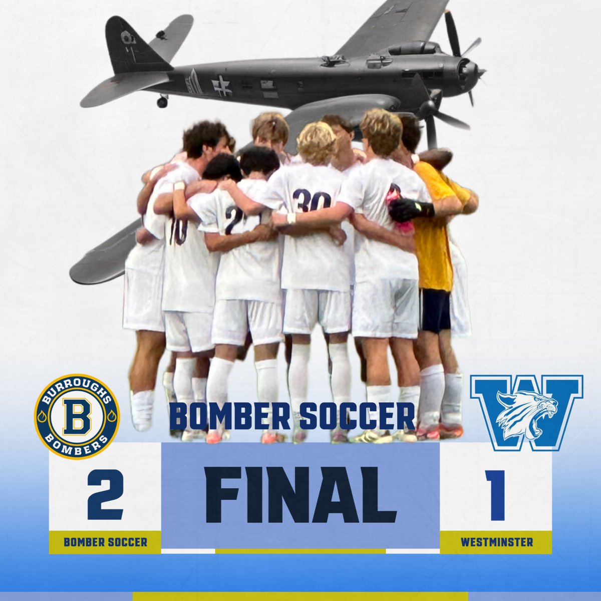 Bomber soccer with a big 2-1 win over league opponent Westminster.  Down 1-0 at half, Bombers respond with goals by Craig Urano and Evan Gallegos to compete the comeback.  Bombers back in action on Thursday with another big one vs Priory at JBS.  Be there!