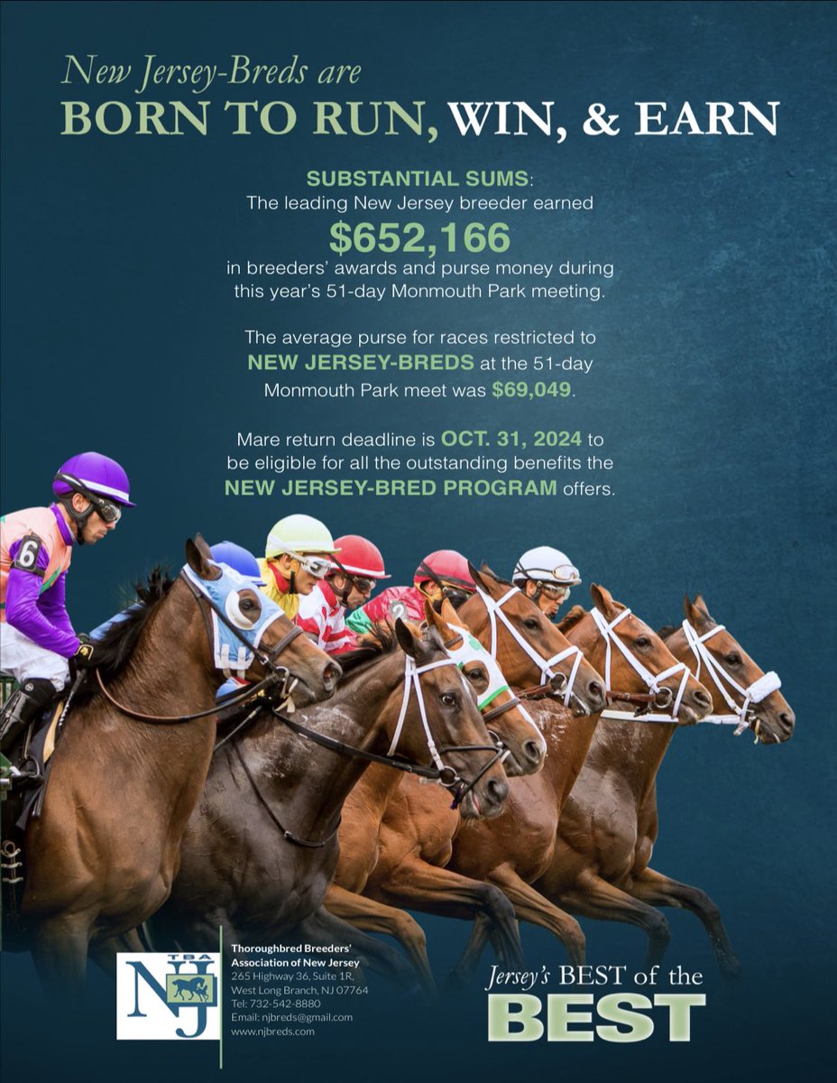 theTDN's tweet photo. New Jersey-Breds are born to run, win & earn ๐ฐ The average purse for races restricted to #NJBreds at the 51-day Monmouth Park meet was $69,049.
Mare return deadline is Oct. 31, 2024 to be eligible for all the outstanding benefits the #NJBred program offers. @njbreds https://t.co/AHwpsQujj6