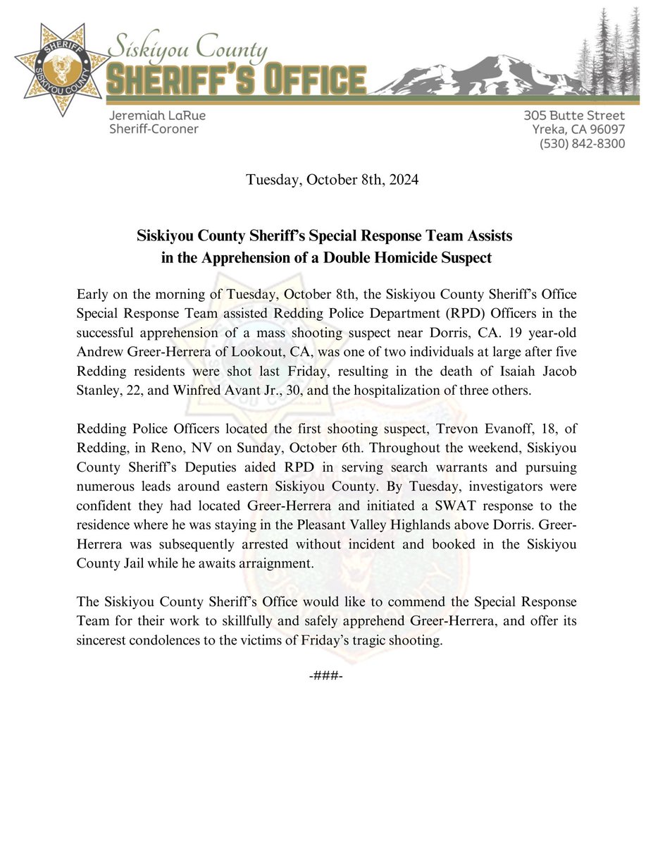 The Siskiyou County Sheriff’s Office would like to commend the Special Response Team for their work to skillfully and safely apprehend Greer-Herrera, and offer its sincerest condolences to the victims of Friday’s tragic shooting. #siskiyousheriff #siskiyoucounty  <a href="/ReddingPolice/">Redding Police Dept. 🚔</a>