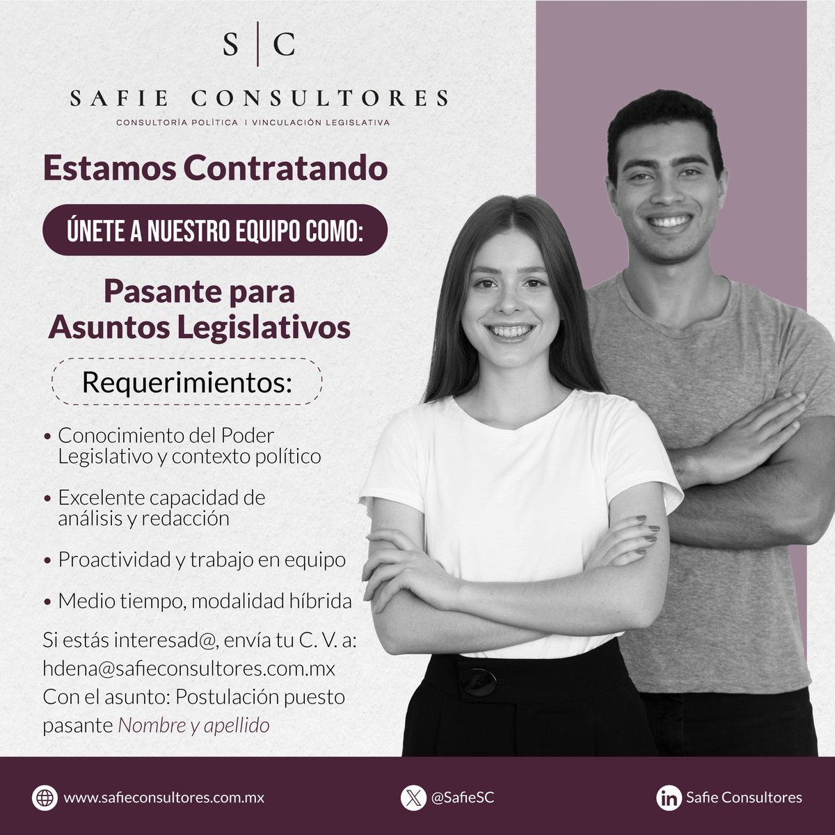 ¡Únete a nuestro equipo como Pasante para Asuntos Legislativos!  💼 Estamos en búsqueda de un pasante dinámico y motivado que pueda aportar su experiencia y habilidades estratégicas a nuestro equipo.  

¡Esperamos tu solicitud!