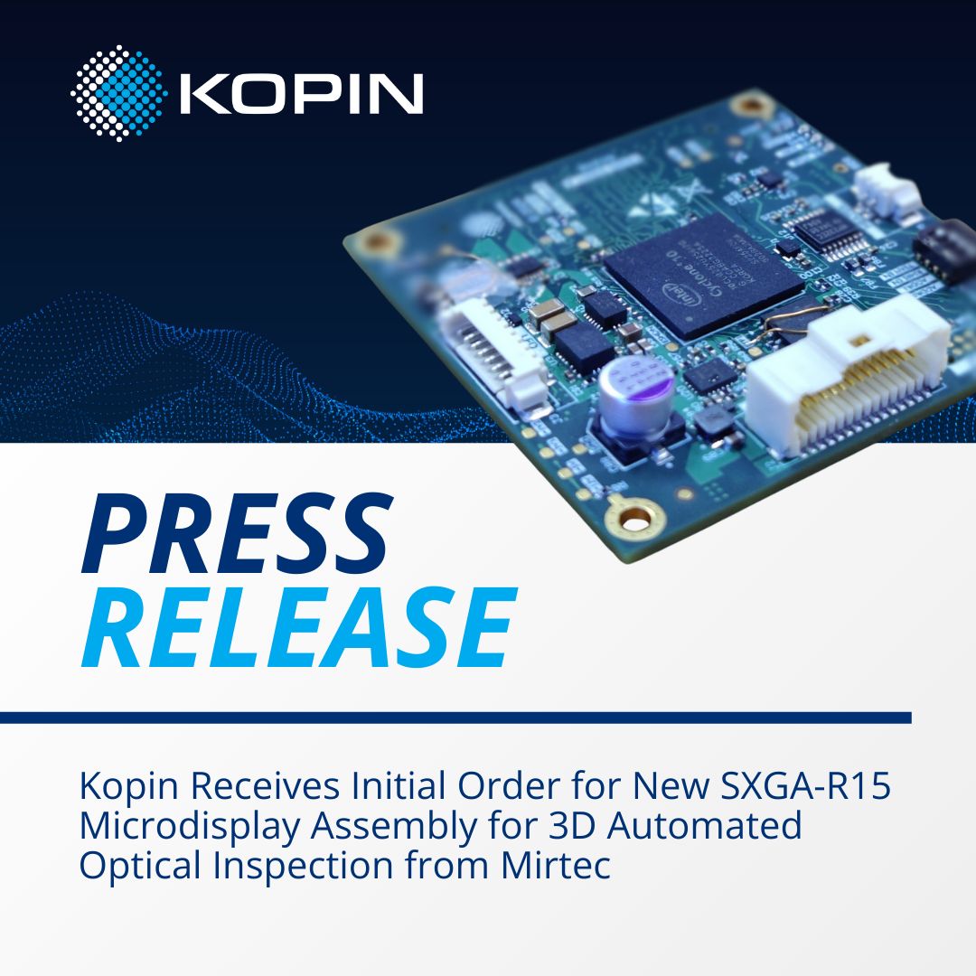 kopin's tweet image. We&apos;re thrilled to announce our first production purchase order for the new SXGA-R15 #microdisplay system for 3D Automated Optical Inspection (3D AOI) from @mirtecglobal

Read more about this initial order ⤵️