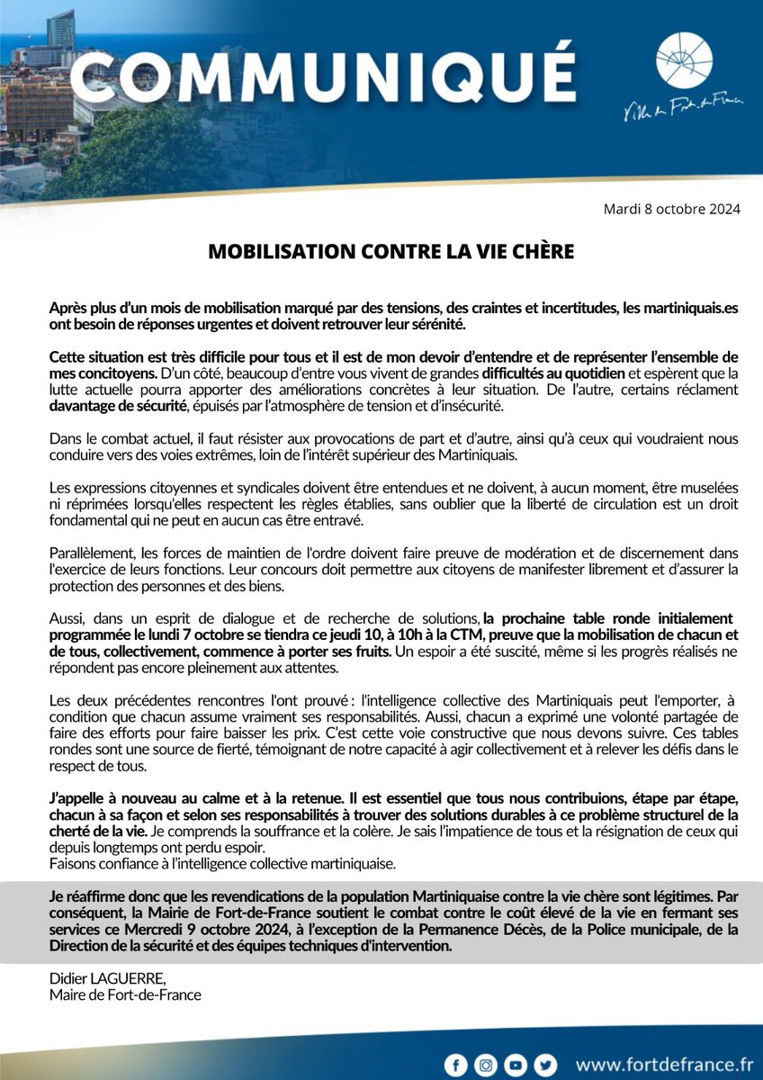#Communiqué 
#FortdeFrance 
[ Mobilisation contre la #VieChère ]
