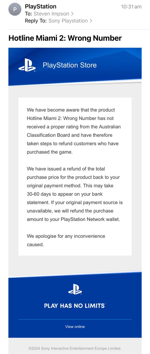 I thought it odd that Hotline Miami 2 appeared on the store a while back given the ratings controversy, but bought it while I could.
I guess PlayStation AU finally caught up.

Seems to be gone from my library now too. 😫