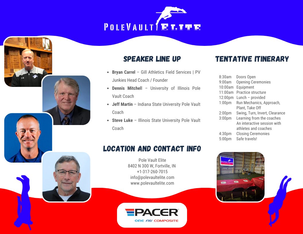 Pole Vault Elite will be hosting a Coaches Clinic, Elevate, on November 9th, 2024.   Registration is free.   You can visit polevaultelite.com/elevate to register.