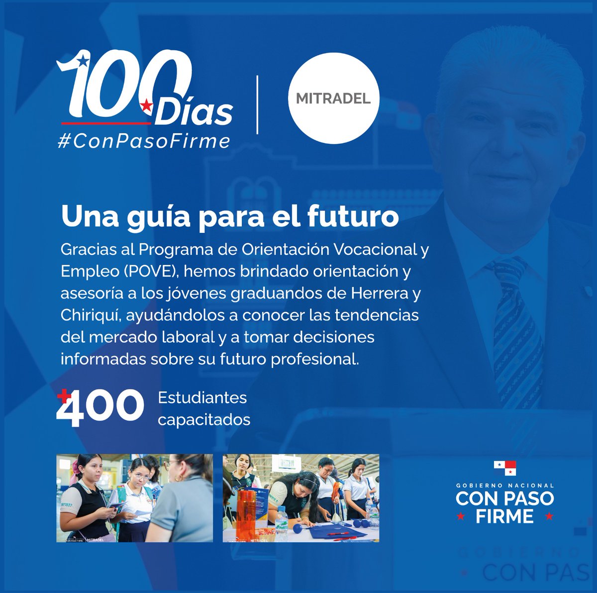 MitradelPma's tweet photo. Estudiantes recibieron asesorías sobre su futuro profesional con el Programa de Orientación Vocacional y Empleo (#POVE), en 100 días de la administración de presidente @JoseRaulMulino.
Hemos logrado:
✅ Capacitación a más de 400 graduandos en el interior del país.
#ConPasoFirme https://t.co/zIJrtJlB1E