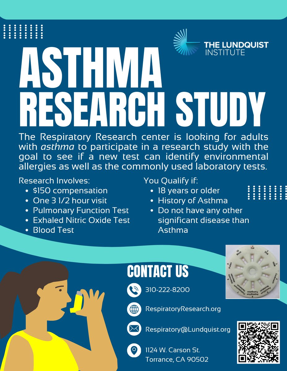 Respiratory Research Center (@rrc_lundquist) on Twitter photo New Asthma Research Study! Call 310-222-8200, Email Respiratory@Lundquist.org or just DM us for more info!
#asthma #medicine #nonprofithealthcare #clinicaltrials #medicalresearch #respiratory #plumonary #BreatheEasy #HealthForAll #HarborUCLA #UCLAhealth #Torrance #AsthmaResearch New Asthma Research Study! Call 310-222-8200, Email Respiratory@Lundquist.org or just DM us for more info!
#asthma #medicine #nonprofithealthcare #clinicaltrials #medicalresearch #respiratory #plumonary #BreatheEasy #HealthForAll #HarborUCLA #UCLAhealth #Torrance #AsthmaResearch
