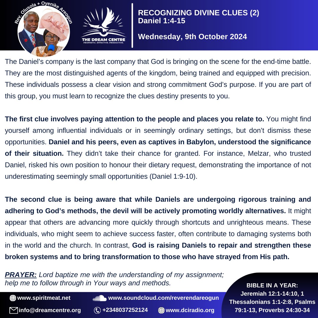 dcloicint's tweet photo. RECOGNIZING DIVINE CLUES (2)
Daniel 1:4-15
God is raising Daniels to repair and strengthen these broken systems and to bring transformation to those who have strayed from His path. #SpiritMeat #ReverendAreogun #RevOyenikeAreogun https://t.co/iBmeere5bB