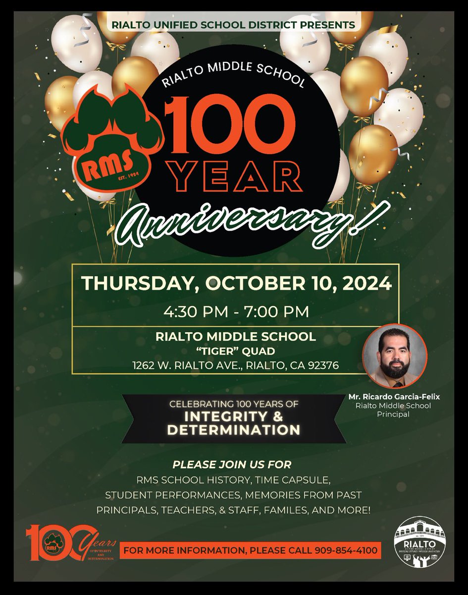 rms_tigers's tweet photo. We are turning 100!!!!! Come and celebrate with us this Thursday, October 10. Our students are eager to tell you our story and show you snapshots of our history. #rialtomiddleschool #integrityanddetermination https://t.co/p1R014xlUX