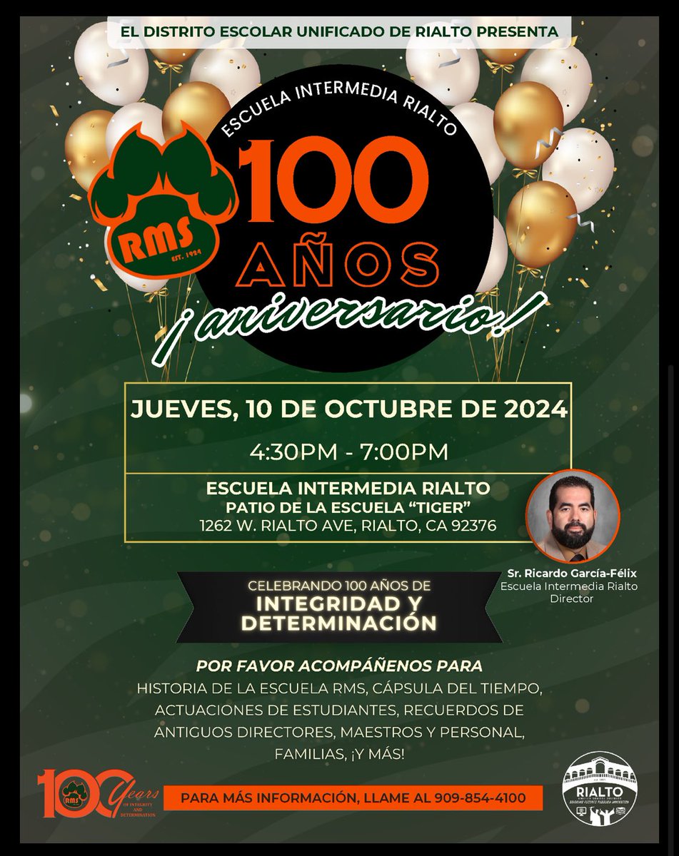 We are turning 100!!!!! Come and celebrate with us this Thursday, October 10. Our students are eager to tell you our story and show you snapshots of our history. #rialtomiddleschool #integrityanddetermination