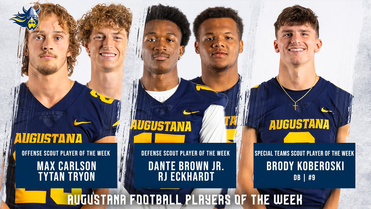 Augustana Football (@augiefb) on Twitter photo Congratulations to our Scout Players of the Week for Week Five⚔️
🟡 <a href="/_maxcarlson_/">Max Carlson</a> and <a href="/tytan_tryon/">Tytan Tryon</a>
🟡 <a href="/DanteBrown24/">Dante Brown🏝️</a> and <a href="/EckhardtRj/">Rj Eckhardt</a>
🟡 <a href="/brodykober04/">Brody Koberoski</a>
#BeTheRock ⚔️ #BuildingChampions Congratulations to our Scout Players of the Week for Week Five⚔️
🟡 <a href="/_maxcarlson_/">Max Carlson</a> and <a href="/tytan_tryon/">Tytan Tryon</a>
🟡 <a href="/DanteBrown24/">Dante Brown🏝️</a> and <a href="/EckhardtRj/">Rj Eckhardt</a>
🟡 <a href="/brodykober04/">Brody Koberoski</a>
#BeTheRock ⚔️ #BuildingChampions