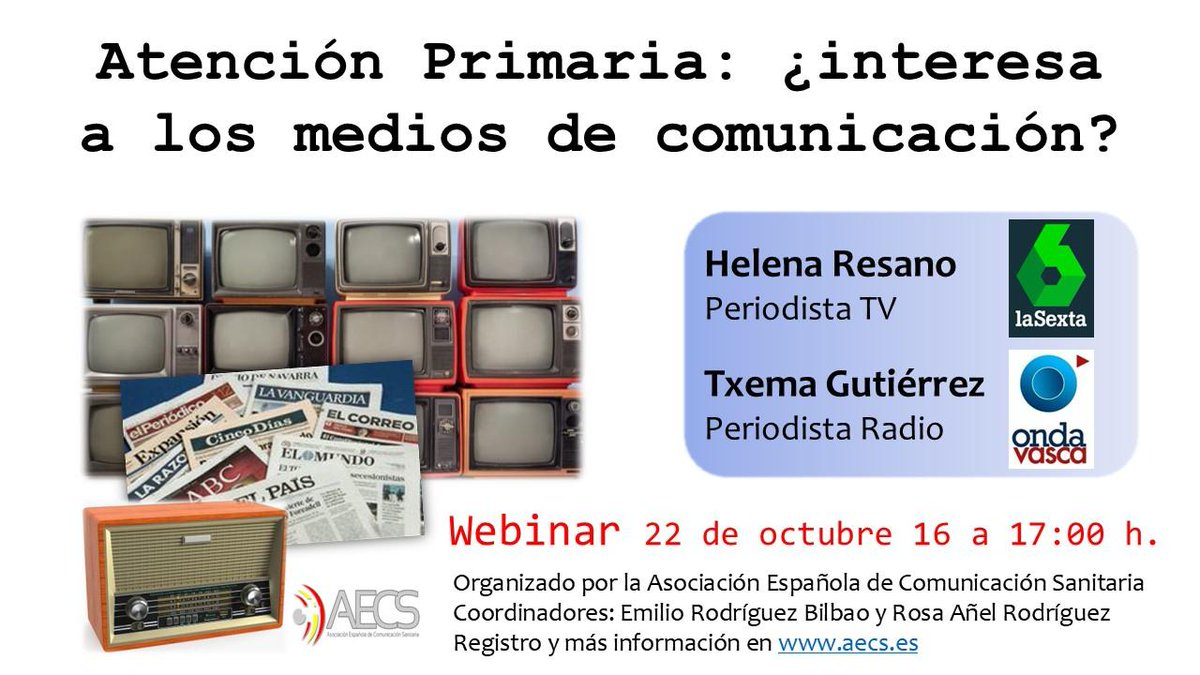 ¡Presentamos nuestro nuevo Webinar! Te esperamos el martes 22 de octubre de 16 a 17 horas.
Más info e inscripciones en: aecs.es
¡Te esperamos!
#AtenciónPrimaria #ComSalud
