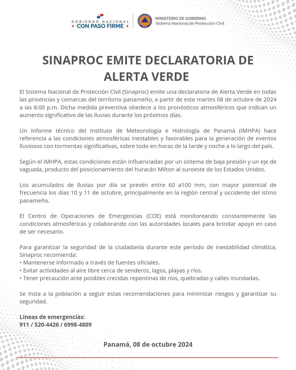 🚨Sinaproc declara alerta en todo el territorio nacional, por el aumento significativo de lluvias a partir de las 8:00 p.m. de este martes 8 de octubre de 2024. <a href="/Sinaproc_Panama/">SINAPROC PANAMA</a> <a href="/osmithgallardo/">Omar Smith Gallardo</a>