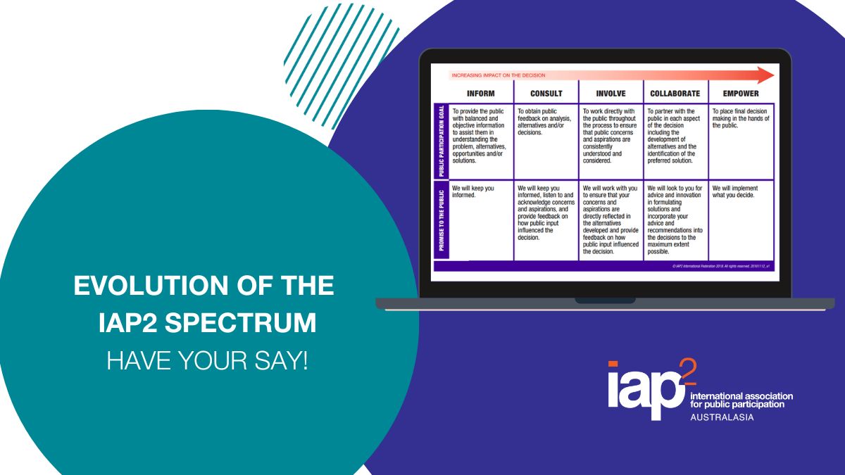 IAP2A's tweet image. We’re evolving the IAP2 Spectrum – and you’re invited to contribute! 🎉

This is your opportunity to shape a Spectrum that reflects today’s engagement - share your feedback before 30 October! 

Learn more: bit.ly/3ZOBNlO 

#Engagement #IAP2Australasia #IAP2Spectrum