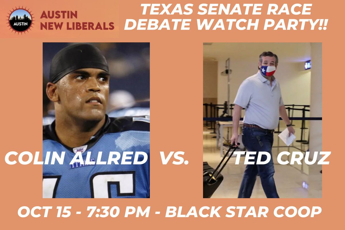 It's here, it's happening y'all! 

The one and only TX Senate Debate between Colin Allred and #CancunCruz is this coming Tuesday, October 15th! 

We'll be at Black Star Co-Op from 7:30pm - (end), so why not drop on by? First drink is on us! 

Sign up here: secure.everyaction.com/iKs_S6-pw0m-zS…