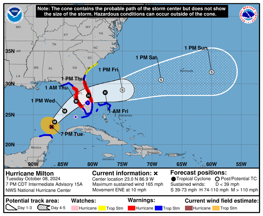 StarfireTor's tweet photo. Hurricane Milton Returns To A Dangerous Category 5
Hurricane Milton Hours Away From Florida/Grows Larger In Area
Storm Surges, Floods, Wind, Rain, Tornadoes Expected
Attached Storm Surge And Tracking Chart
Update On Hurricane Milton & Yucatan Peninsula
October 8, 2024
#StarfireTor #HurricaneMilton #Category5Hurricane #Florida #SurgeFloodWarning #Tornadoes #HurricaneHelene #Evacuation

For a brief while today, super dangerous hurricane Milton had gone from a category 5 hurricane to a category 4 hurricane. Then it churned back up to a category 5 hurricane again, as it continues crossing the Gulf of Mexico in order to hit Florida. In the meanwhile: Hurricane Milton took a swipe at Mexico’s Yucatan Peninsula first, where the damage has been less than expected. This at least is good for Mexico. But it also means that Milton didn’t blow off, enough of its energy, to spare Florida and any other US states from its fury.

Milton is a historic hurricane at so many levels. Make no mistake that Milton can and will bring the Gulf Of Mexico waters washing over almost all of the state of Florida. Because Milton, is expected to travel over the Florida mainland – and make it intact to the Atlantic Ocean – Milton will retain most of its force while pummeling Florida. If you are in the hurricane’s path - or even projected path - your time to evacuate you, your family, and your animals is almost up. In many to most areas it may already be up.

I’ve attached 2 NOAA maps: 1. Storm surge and flood forecast, 2. Hurricane forecast position as of advisory 15A.

Here is the NOAA water surge chart.
The combination of storm surge and tide will cause normally dry areas near the coast to be flooded by rising waters moving inland from the shoreline. The water could reach the
following heights above ground somewhere in the indicated areas if the peak surge occurs at the time of high tide.

Anclote River, FL to Englewood, FL, including Tampa Bay...10-15 ft
Englewood, FL to Bonita Beach, FL, including Charlotte Harbor...8-12 ft
Chassahowitzka, FL to Anclote River, FL...5-10 ft
Bonita Beach, FL to Chokoloskee, FL...5-8 ft
Chokoloskee, FL to Flamingo, FL...3-5 ft
Yankeetown, FL to Chassahowitzka, FL...3-5 ft
Sebastian Inlet, FL to Altamaha Sound, GA...3-5 ft
Altamaha Sound, GA to Edisto Beach, SC...2-4 ft
Suwannee River, FL to Yankeetown, FL...2-4 ft
Dry Tortugas...2-4 ft
St. Johns River...2-4 ft
Flamingo, FL to Card Sound Bridge, FL...1-3 ft
Indian Pass, FL to Suwannee River, FL...1-3 ft
Edisto Beach, SC to South Santee River, SC...1-3 ft
Palm Beach/Martin County Line, FL to Sebastian Inlet, FL...1-3 ft
Florida Keys...1-3 ft