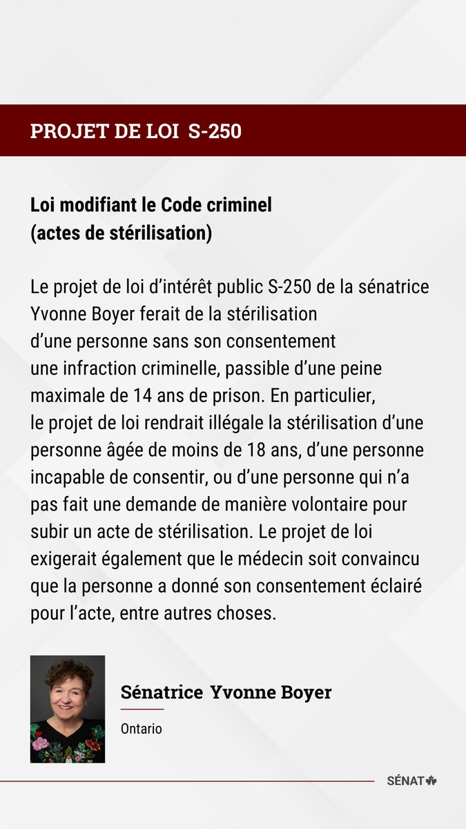 SenatCA's tweet image. Les sénateurs discutent maintenant du projet de loi #S250 de la @senatorboyer, tel que modifié, en troisième lecture au Sénat : ow.ly/QAIE50TH4W2 

#SenCA #PolCan