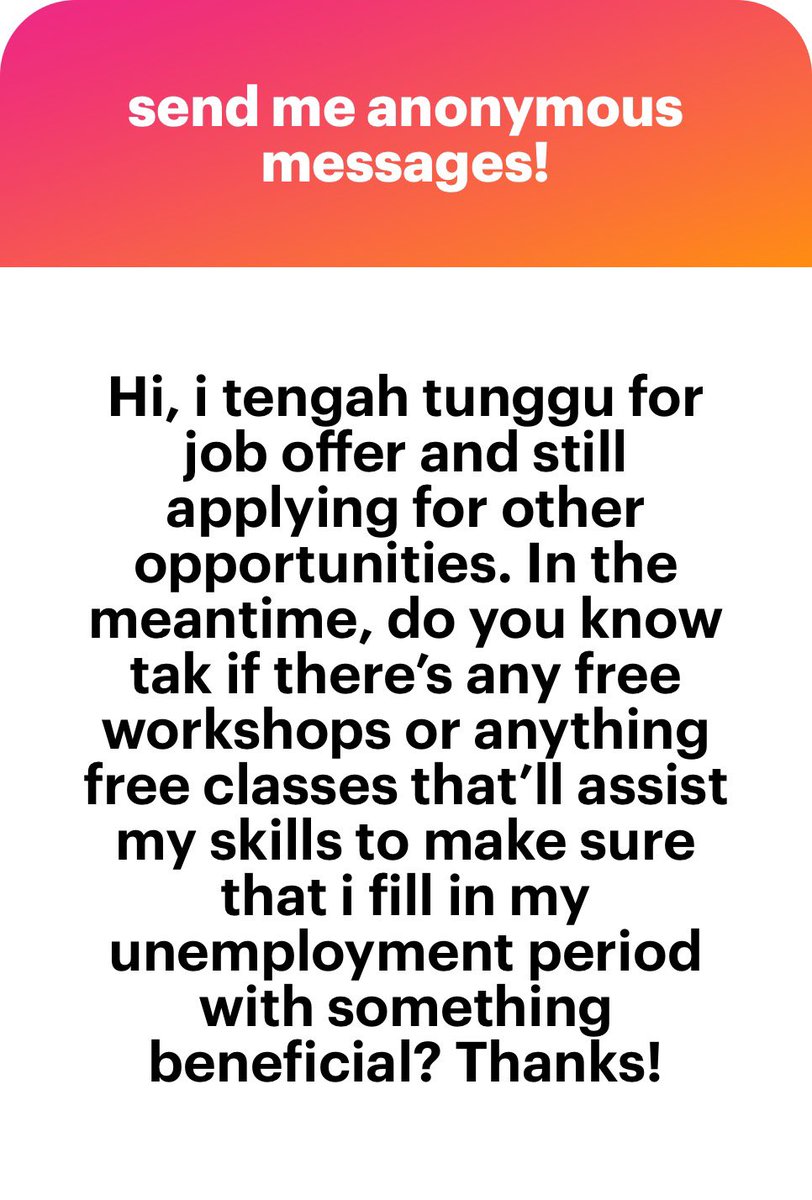 reviewbyyasmin's tweet photo. Better than classes - take a course! Most are open year-round, some are free, and some have financial assistance you can apply for. Good luck!

1. National Training Week
2. Sols247
3. Bursa Academy
4. Udemy
5. Coursera
6. LinkedIn Learning
7. Google Certificates 
8. E-Latih https://t.co/WqZJTovs6d